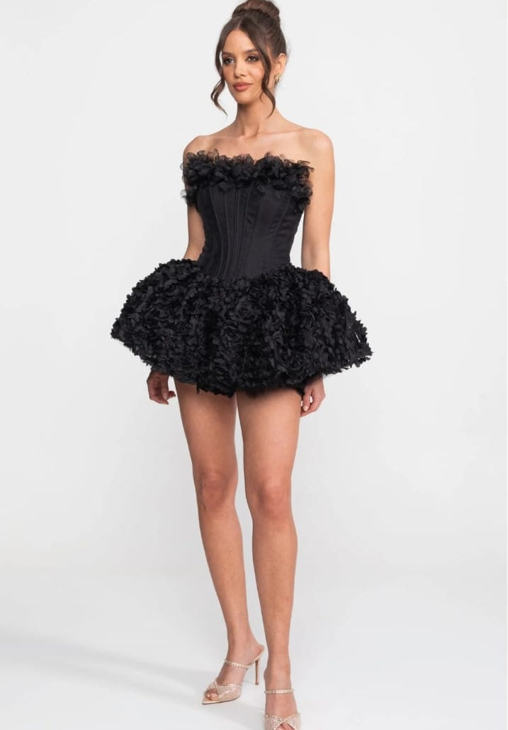 Strapless Corset Mini Dress With 3D Rose Appliqué Skirt - Black