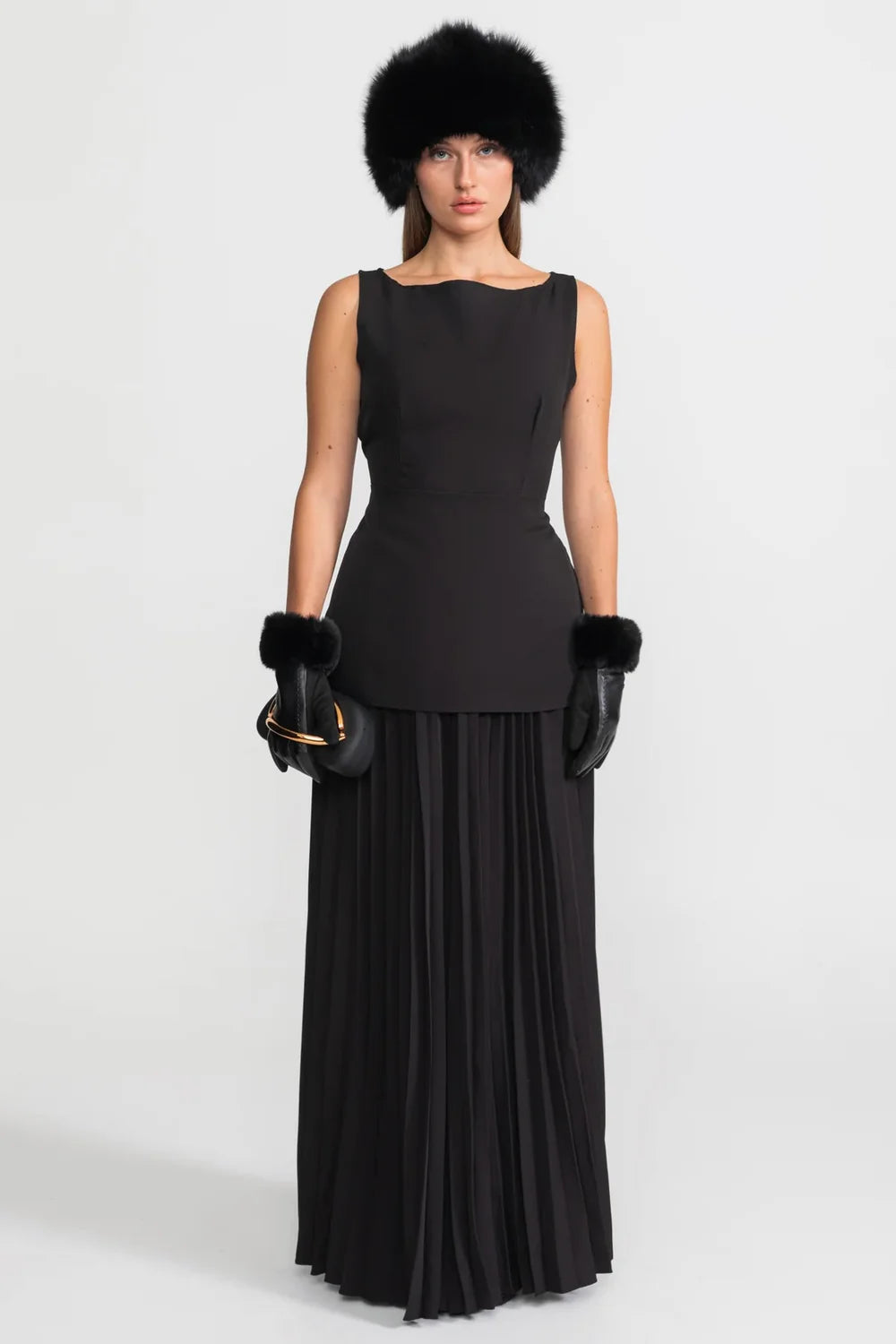 Sleeveless Maxi Co-Ord With Tailored Bodice And Pleated Skirt - Black