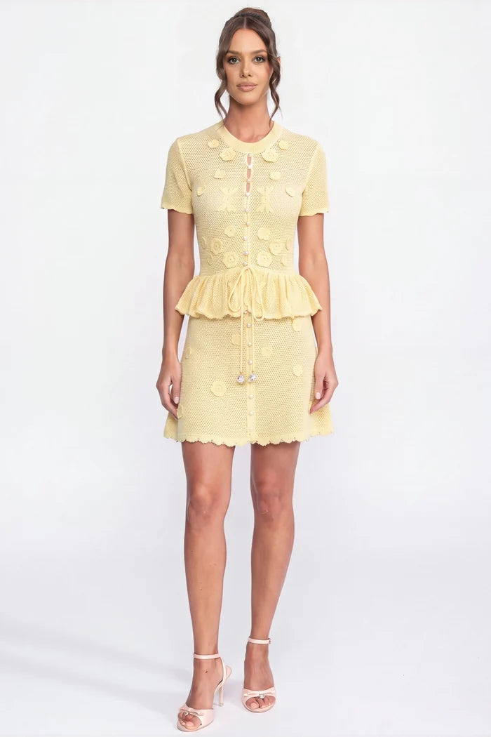 Floral Crochet Peplum Mini Dress With Drawstring Waist - Yellow