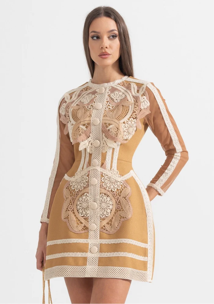 Silhouette Dress With Layered Lace Details - Brown/Beige