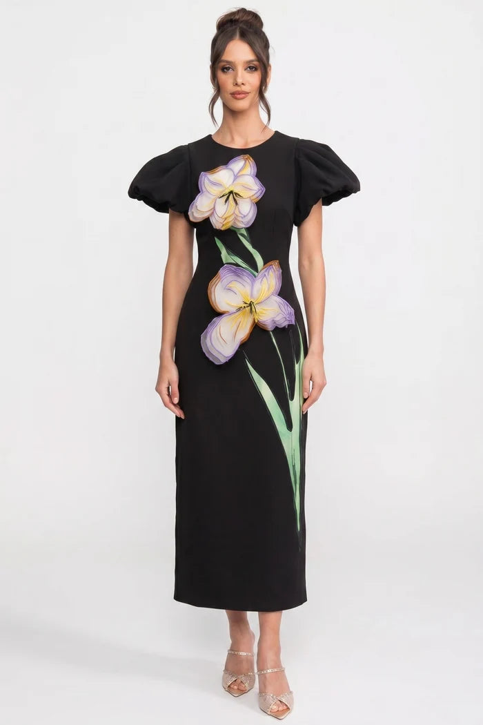 Structured Shoulder Maxi Dress With 3D Iris Floral Appliqué - Black