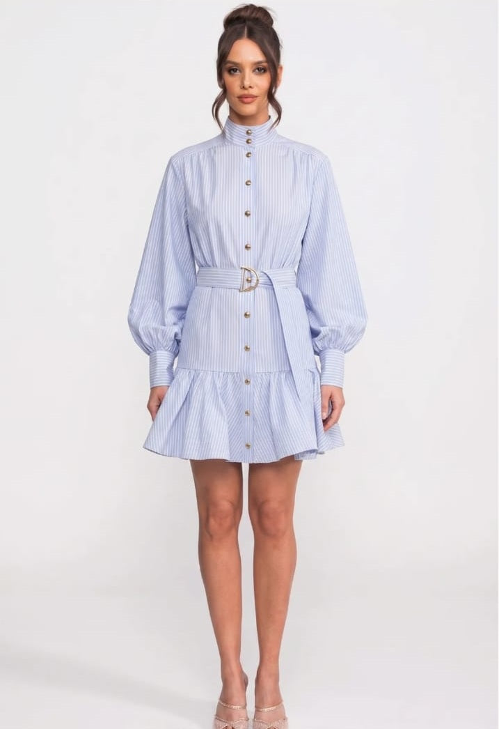 Striped Belted Mini Dress With High Neck And Balloon Sleeves - Blue