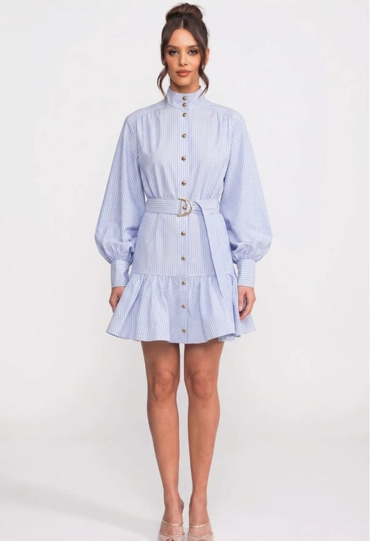 Striped Belted Mini Dress With High Neck And Balloon Sleeves - Blue