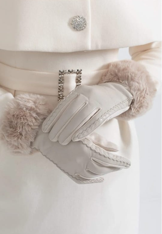 Vegan Leather Gloves With Fur Cuffs - Beige