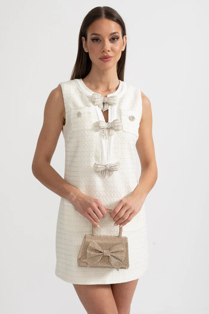 Textured Sleeveless Dress With Metal Embellished Bows - White