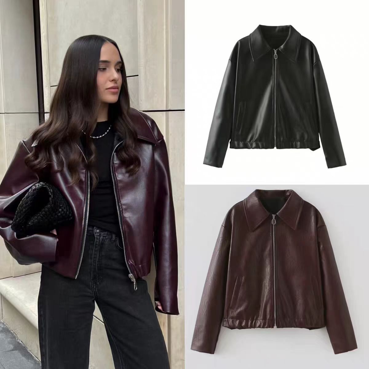 Two-color leather coat