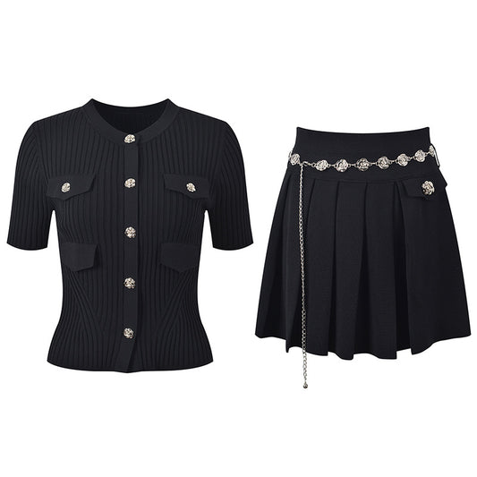 flower buttons, short sleeve top  pleated skirt set