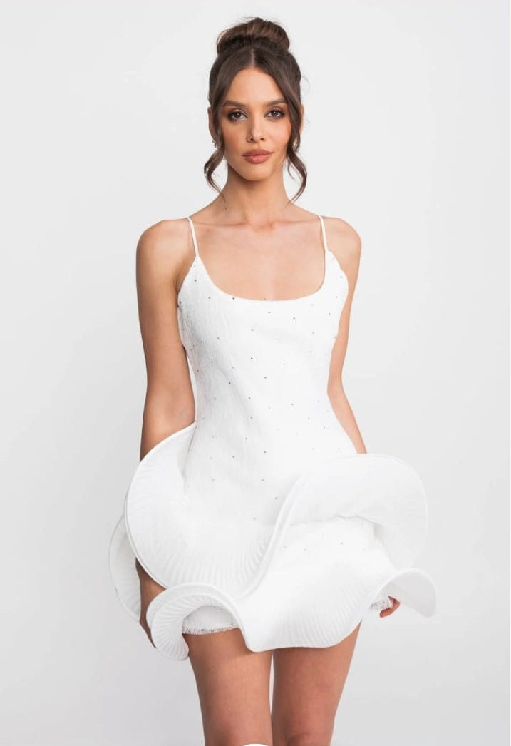 Babydoll Mini Dress With Sparkling Embellishments And Ruffled Peplum Skirt - White