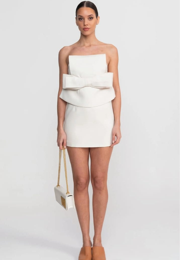 Strapless Mini Dress With Oversized Bow Waist And Peplum Overlay - White