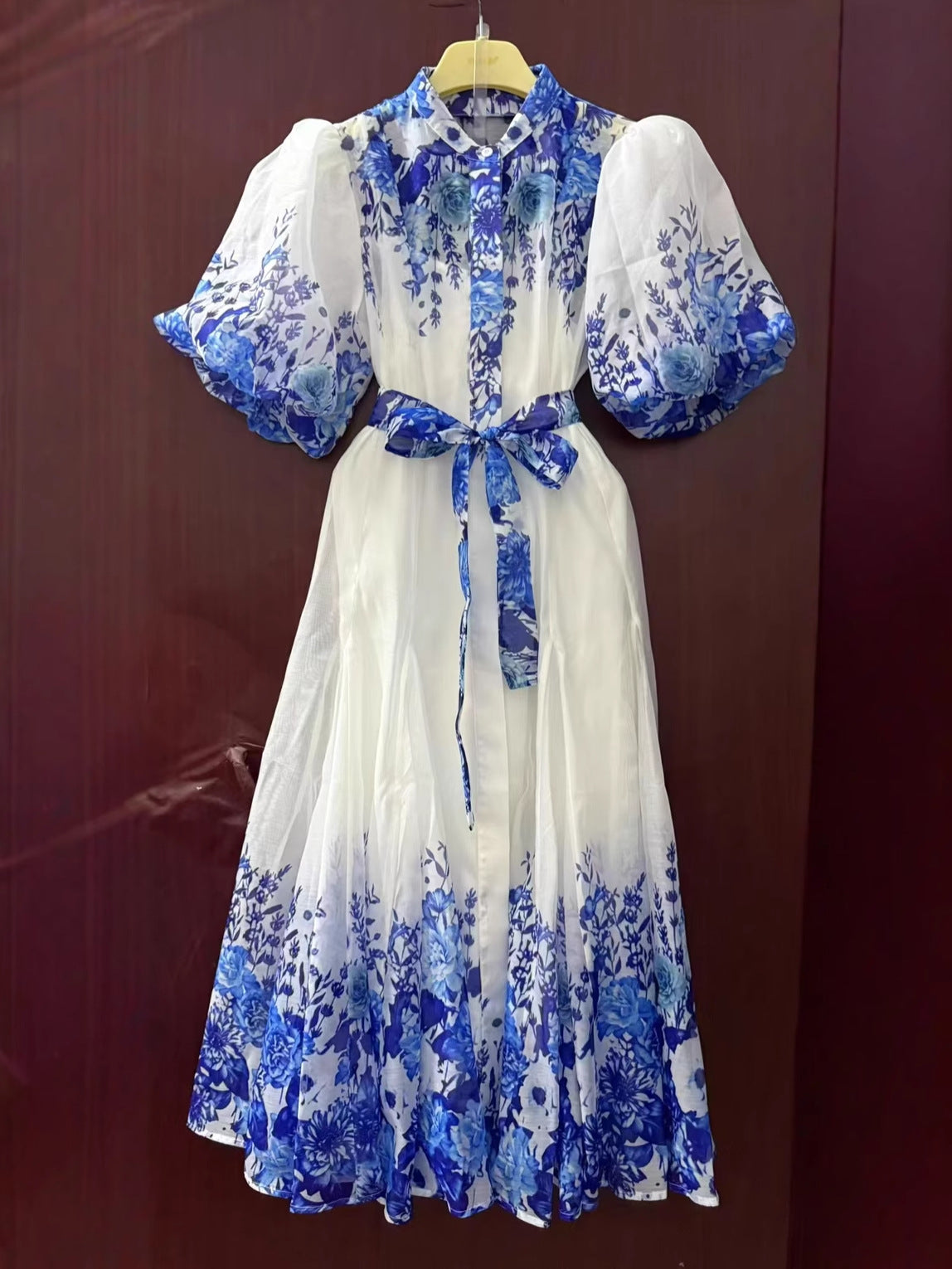 Puff Sleeve Vintage Blue Printed   Loose Fit with Belt