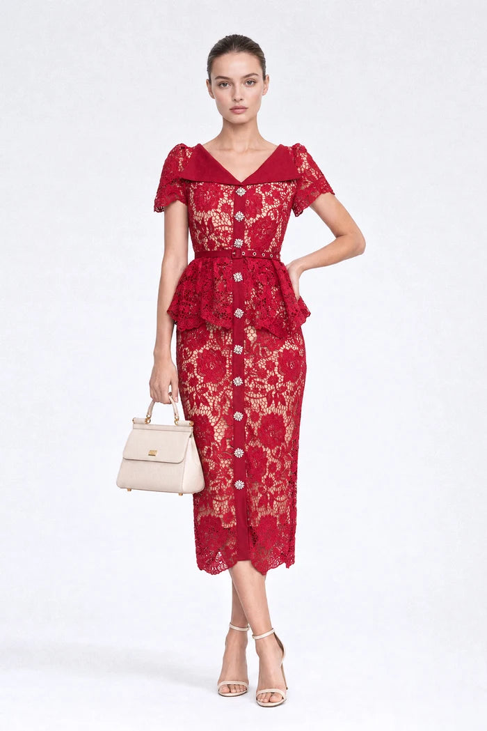 Crystal-Button Lace Peplum Midi Dress - Red