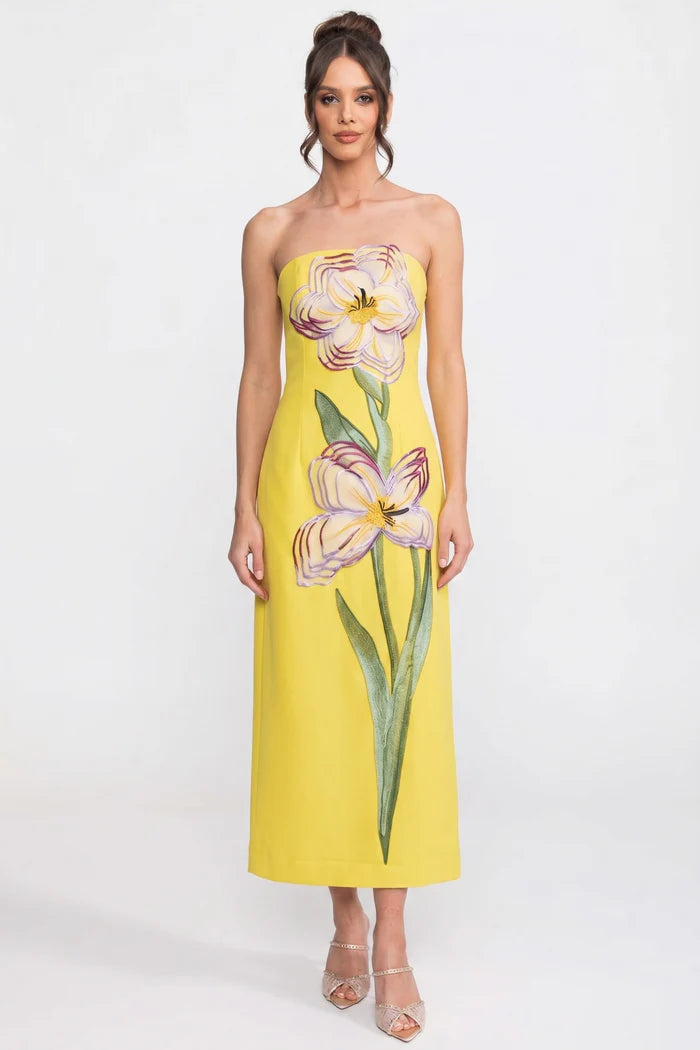 Strapless Floral-Print Midi Dress With Column Silhouette - Yellow