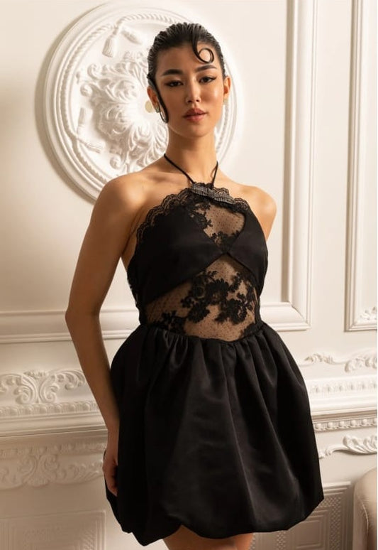 Mini Dress With Ruffled Skirt And Sheer Floral Lace Patterns - Black