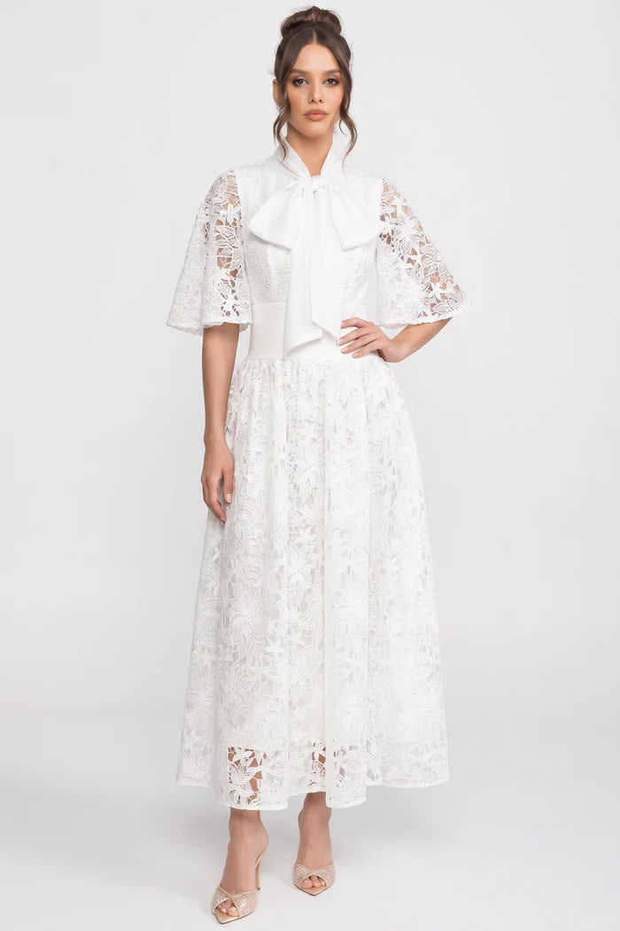 Short-Sleeve Floral Lace Maxi Dress With 3D Bow Detail - White