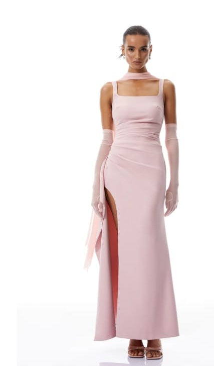 Ophélie Pink Scarf Detail Gathered Maxi Dress