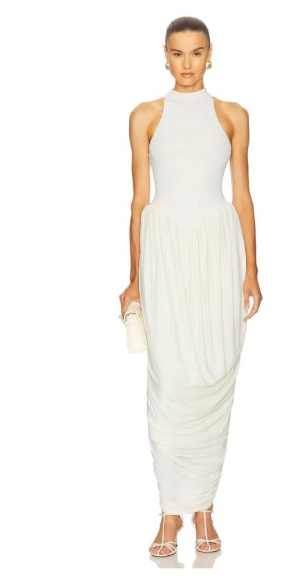 Catalina White Halterneck Draped Maxi Dress-white