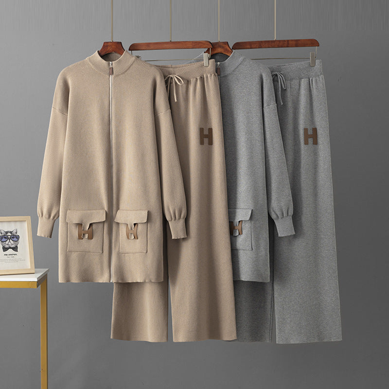 Top + drawstring loose wide-leg pants two-piece set