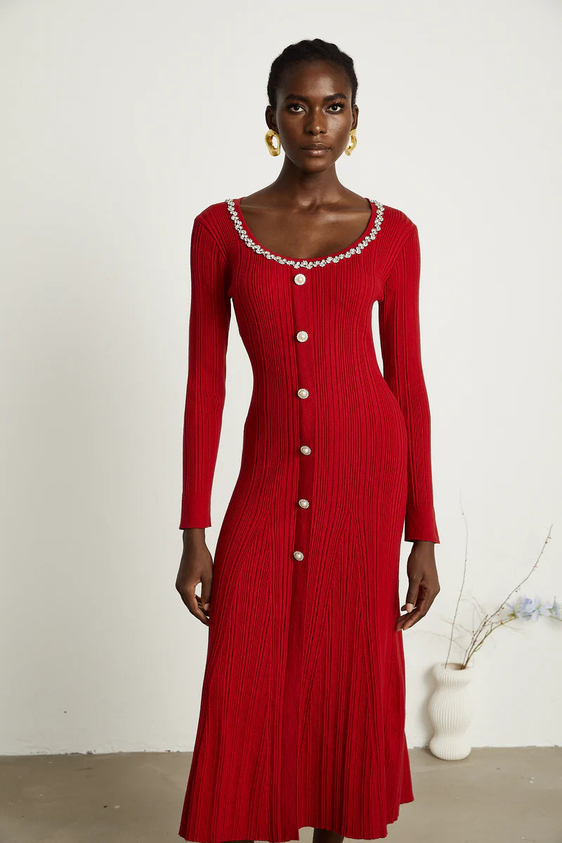 Anaxarete red embellished knitted midi dress