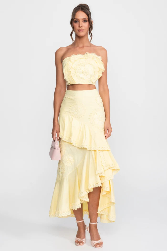 Crochet Medallion Two-Piece Set With Ruffled Maxi Skirt - Yellow