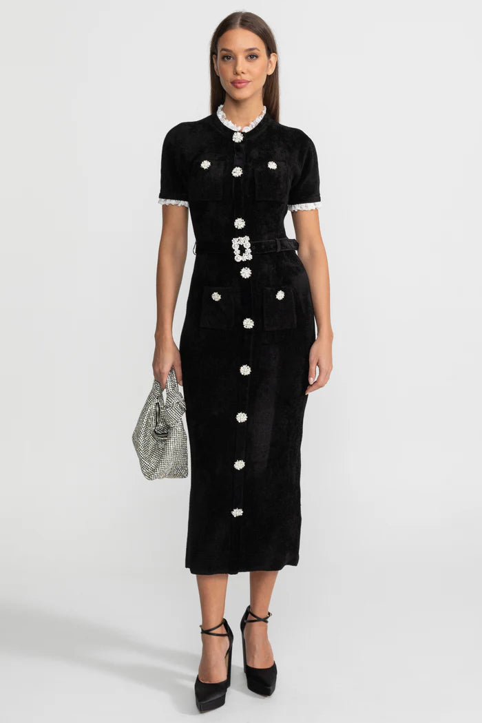 Elegant Midi Dress With Crystal Buttons and Lace Trim – Black