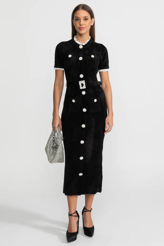 Elegant Midi Dress With Crystal Buttons and Lace Trim – Black