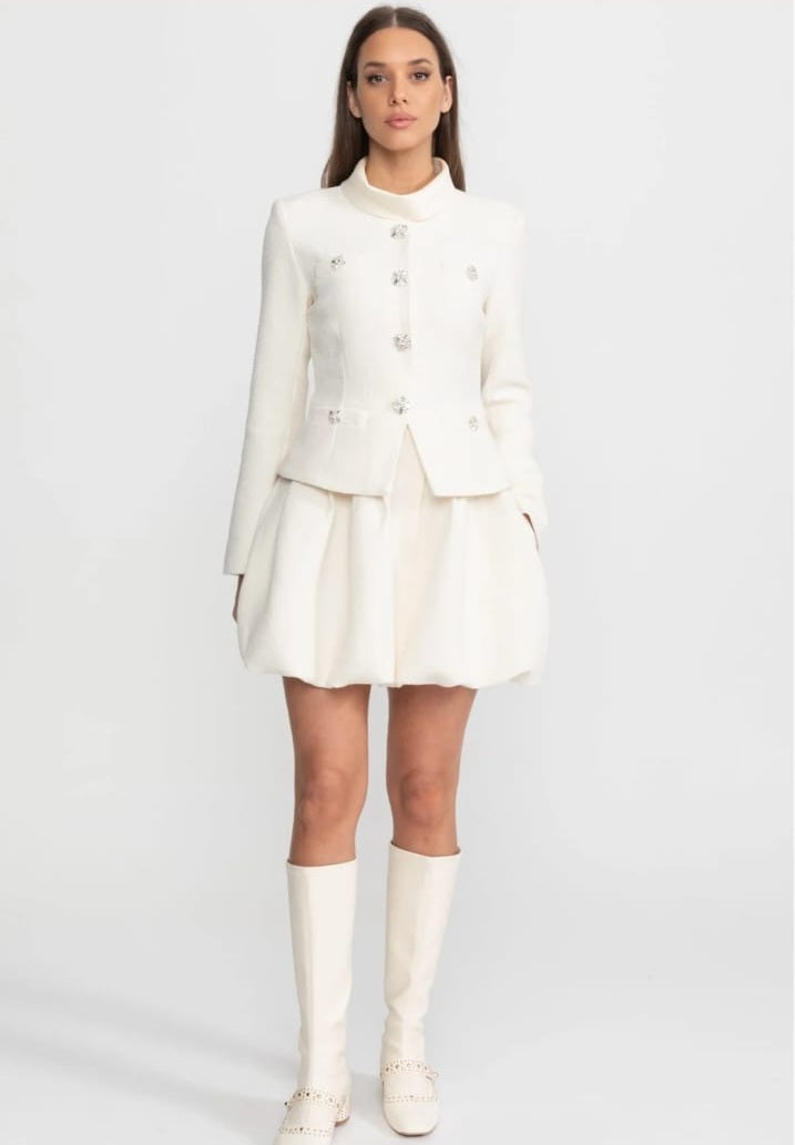 Textured Mini Dress with Crystal Button Embellishments – Ivoire