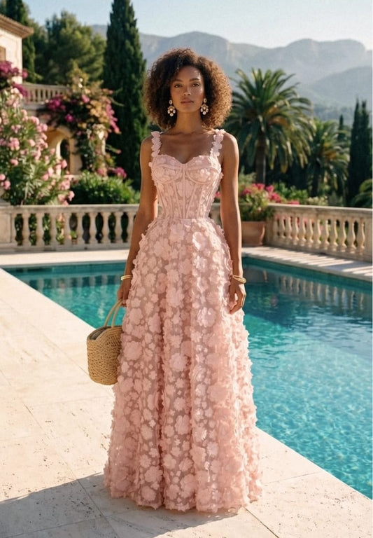 Long dress with floral appliqués with corseted bustier - Pink