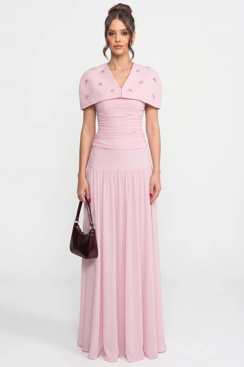 3-Piece Co-Ord Set With Ruched Top, Detachable Cape And Maxi Skirt - Pink
