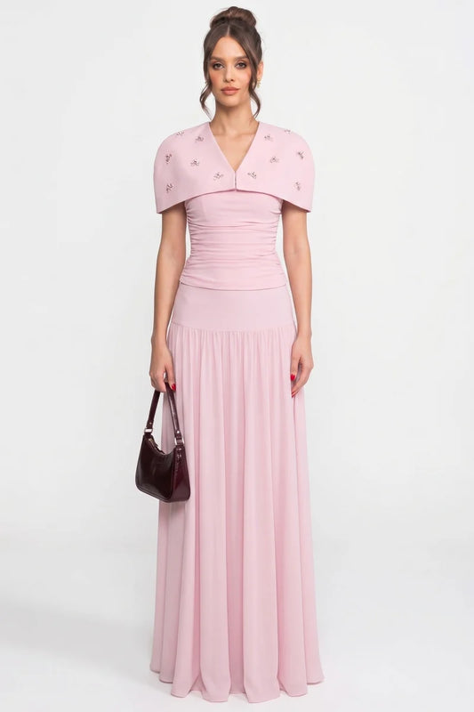 3-Piece Co-Ord Set With Ruched Top, Detachable Cape And Maxi Skirt - Pink