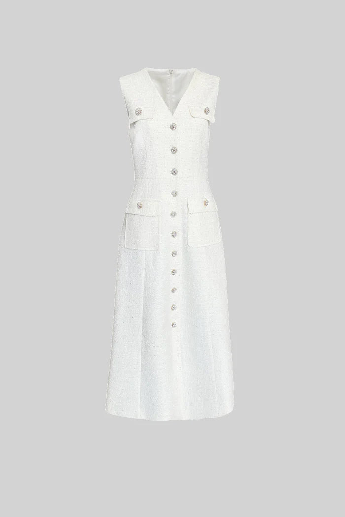 Textured Sleeveless Dress With Front Pockets - White