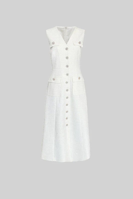 Textured Sleeveless Dress With Front Pockets - White