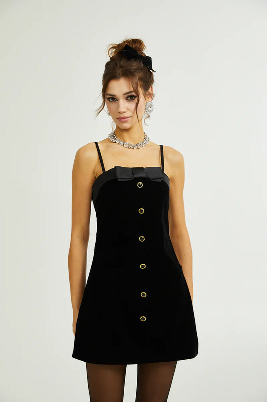 Réeva Bow Embellifhed Velvet Mini Robe