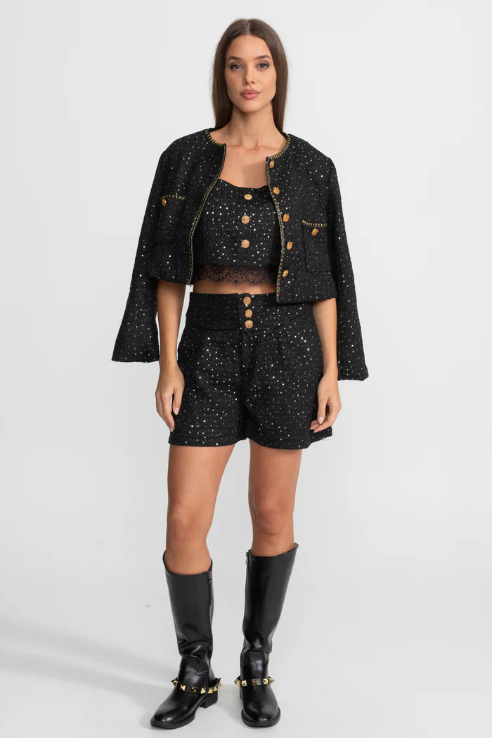 Embellished Co-Ord 3 Piece Set With Cropped Jacket, Lace Trim Top And High-Waist Shorts – Black