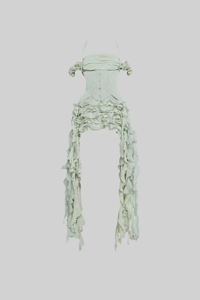 Vintage inspiriertes Korsettkleid mit gerissenem Bustier und fließenden, gekräuselten Seitendetails - Grün
