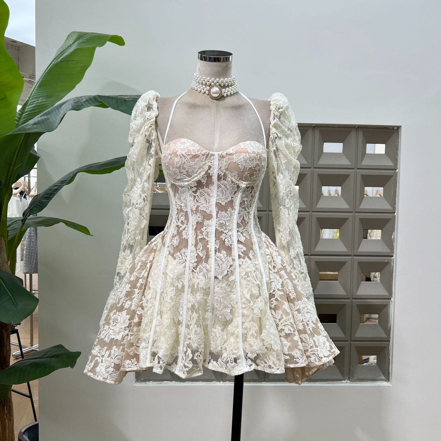 Fishbone Carved Lace Ultra-short dress