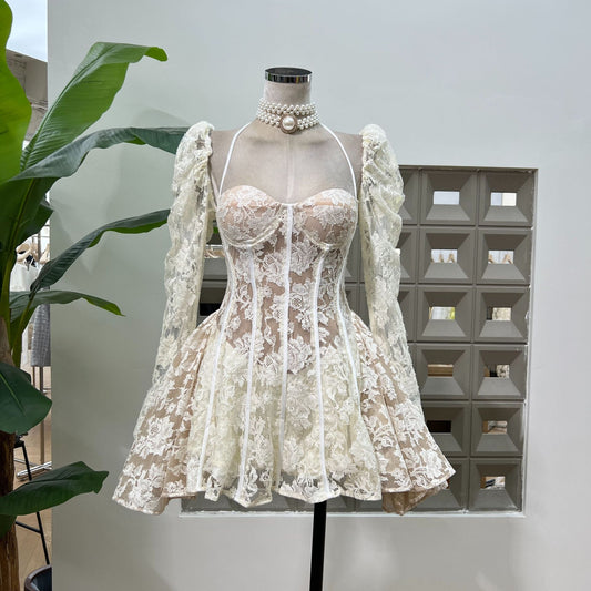 Fishbone Carved Lace Ultra-short dress