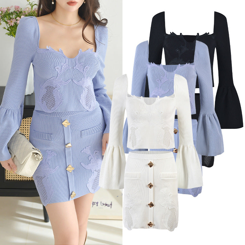 Cutout Knit Top Skirt Suit