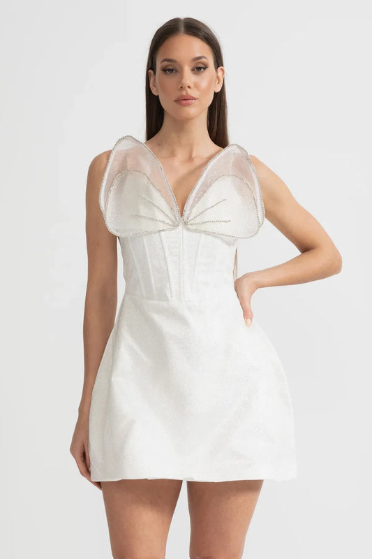 Fitted Mini Dress With Structured Bodice And Sheer Organza Accents - White