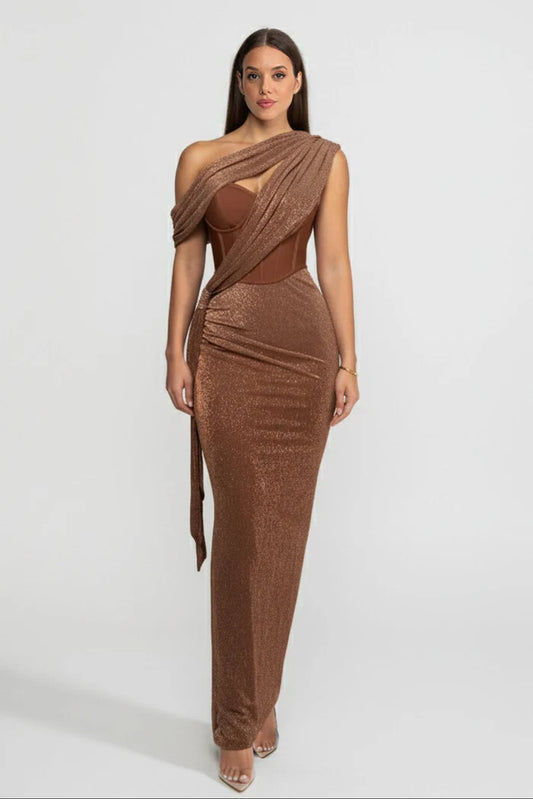 One-Shoulder Metallic Drape Dress With Structured Corset – Brown/Bronze
