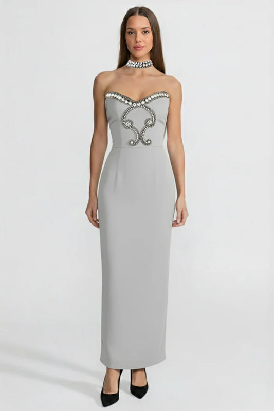 Crystal-Embellished Strapless Gown with Choker – Gray