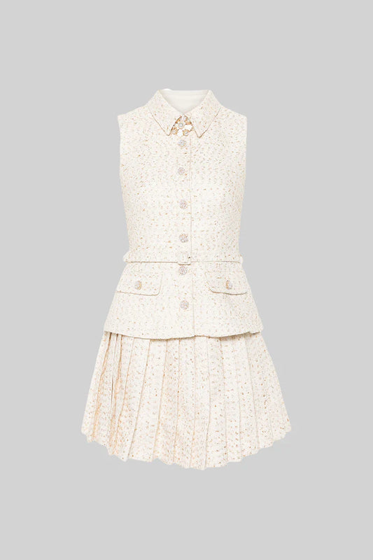Mini-robe texturée sans manches avec jupe plissée et ceinture - ivoire
