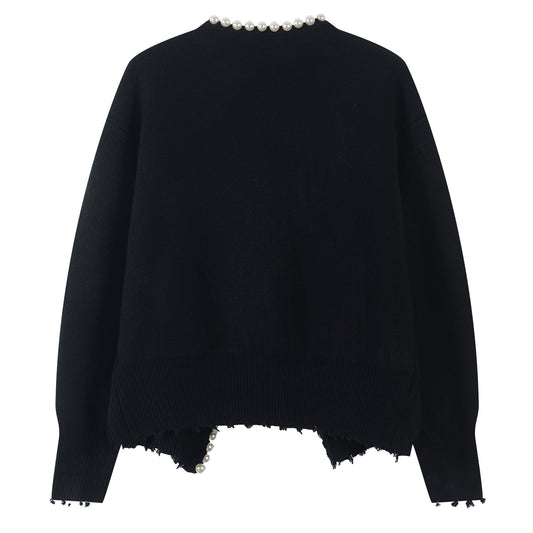 Crewneck Pearl Trim Cropped Long Sleeve Knit Jacket