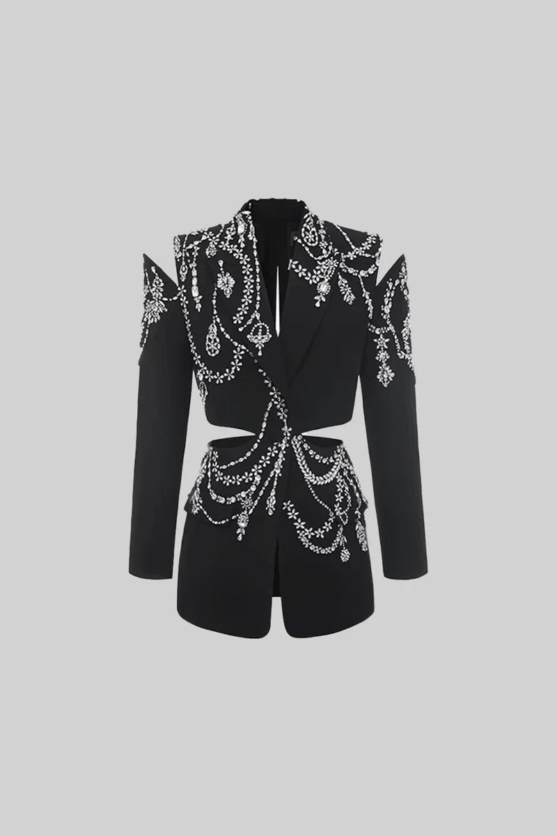 Embroidered Elegant Blazer with Waist Cutouts - Black