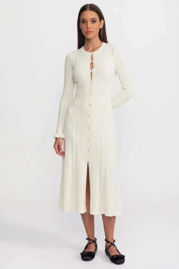 Knit Button-Front Midi Dress with Pointelle Detailing – Ivoire