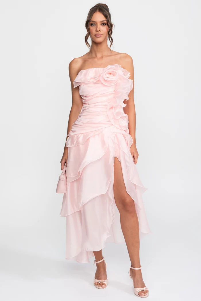 Strapless Rosette Petal Dress With 3D Floral Embellishments - Pink
