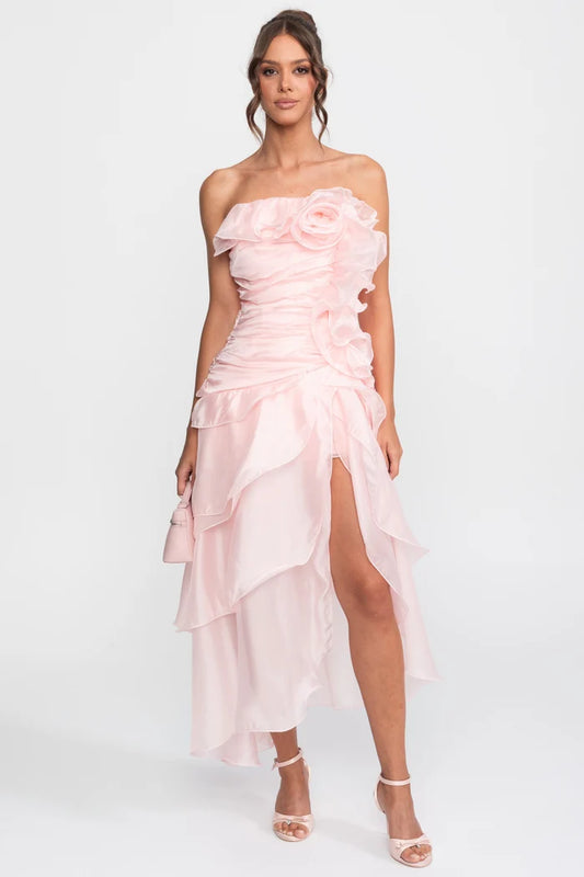Strapless Rosette Petal Dress With 3D Floral Embellishments - Pink