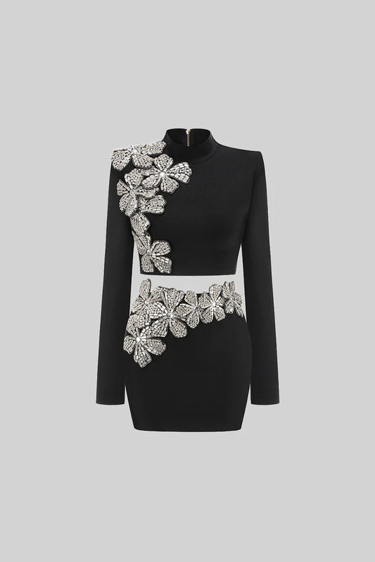 Diamond Flower Accent 2 Piece Set With Long Sleeves Top And Mini Skirt - Black