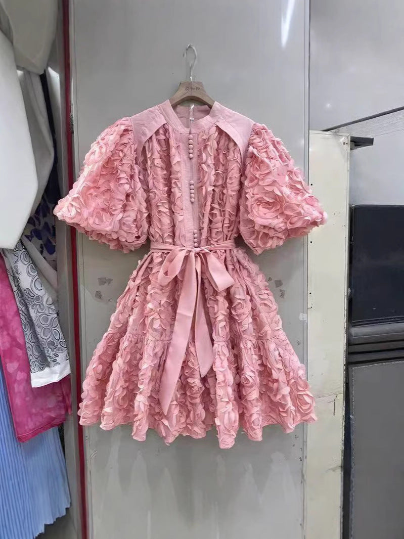 Round neck balloon sleeve short dress