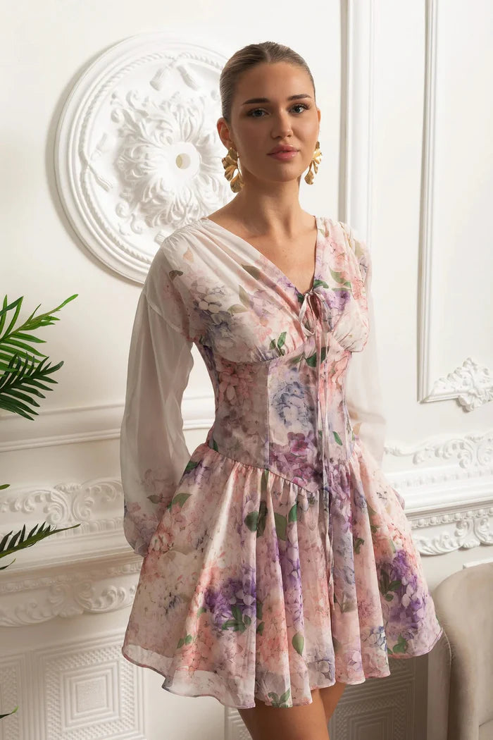 Watercolor Bloom Chiffon Mini Dress - Pastel