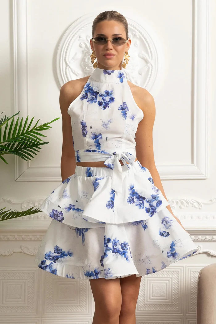Floral Halter Crop Top and Layered Ruffle Mini Skirt Set - White/Blue
